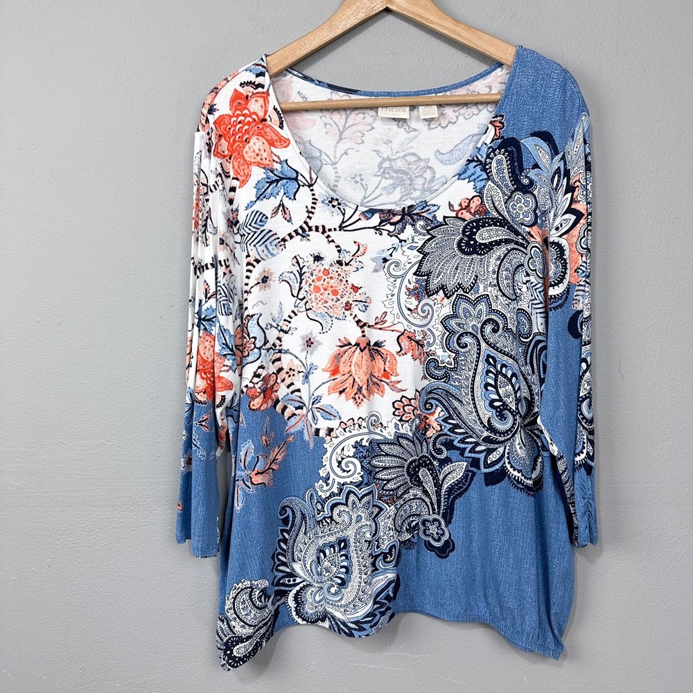 Chico's Knit Top‎ Size XL 3 Blue Floral Paisley Ruched 3/4 Sleeve Scoop Neck
